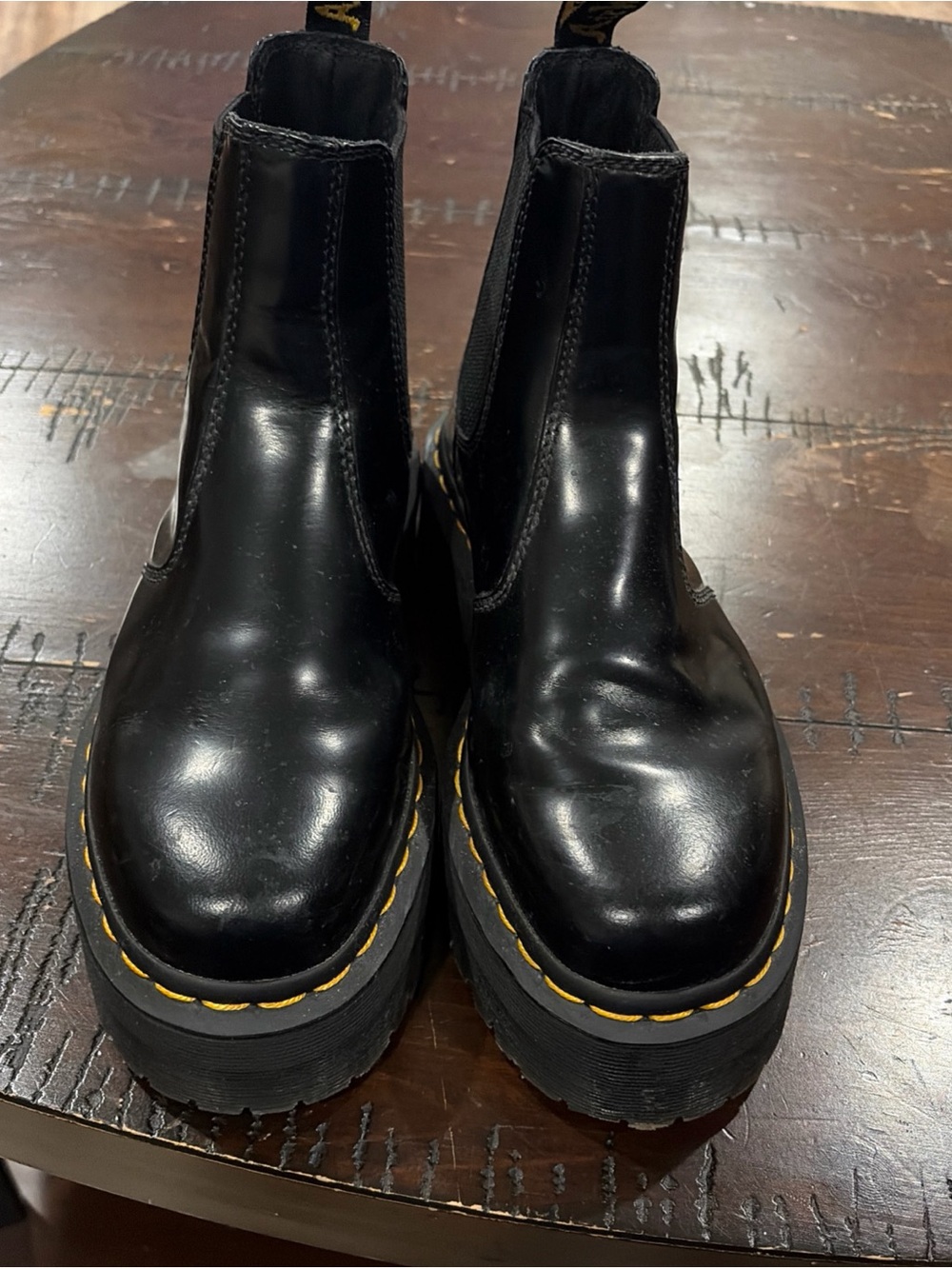 Dr. Martens Black Leather Platform Chelsea Boots with Yellow Stitching